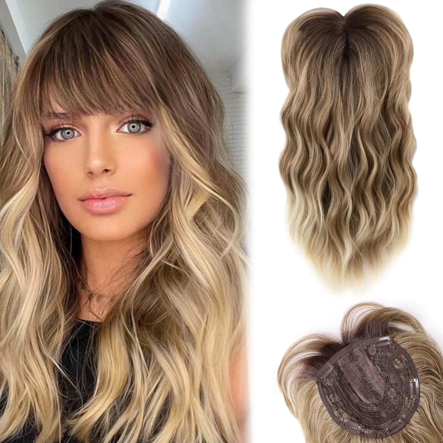 LEEONS Hair Toppers for Women with Thinning Hair 18inch Long Wavy Hair Toppers Hair Pieces for Women Synthetic Hair Topper Wiglets Ombre Walnut Brown to Ash Brown and Bleach Blonde