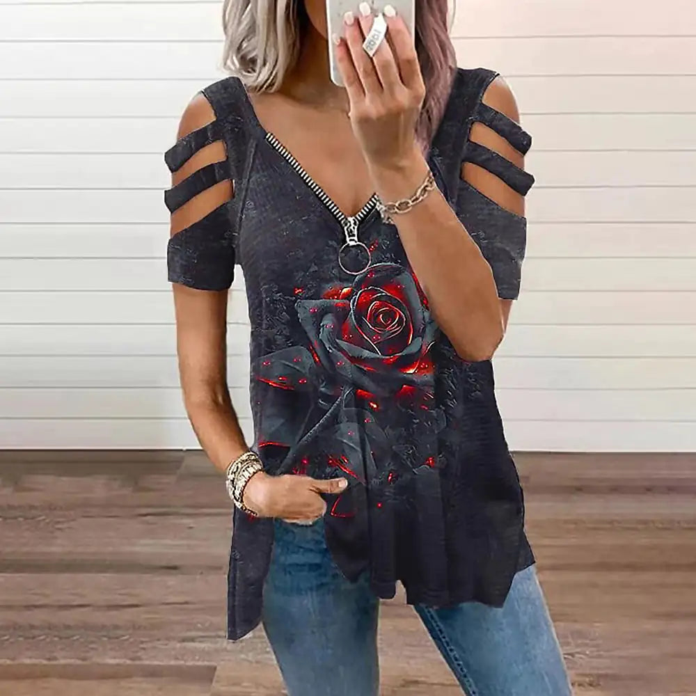 Women's Casual Loose V Neck Off Shoulder T-Shirt