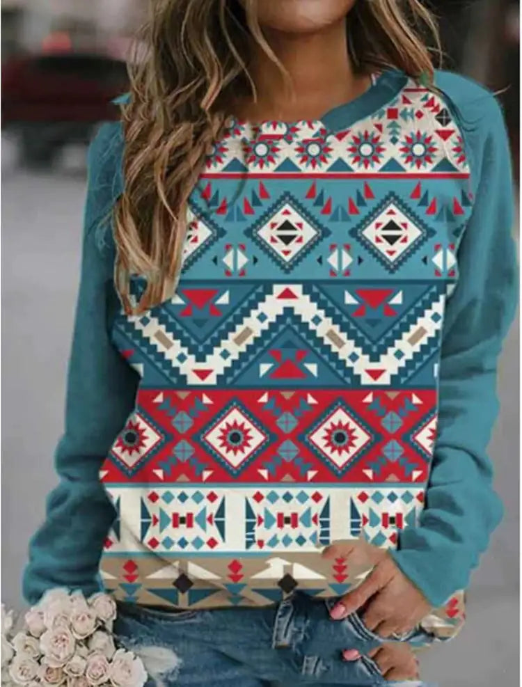 Women's Casual Round Neck Loose Print Long-sleeve T-shirt