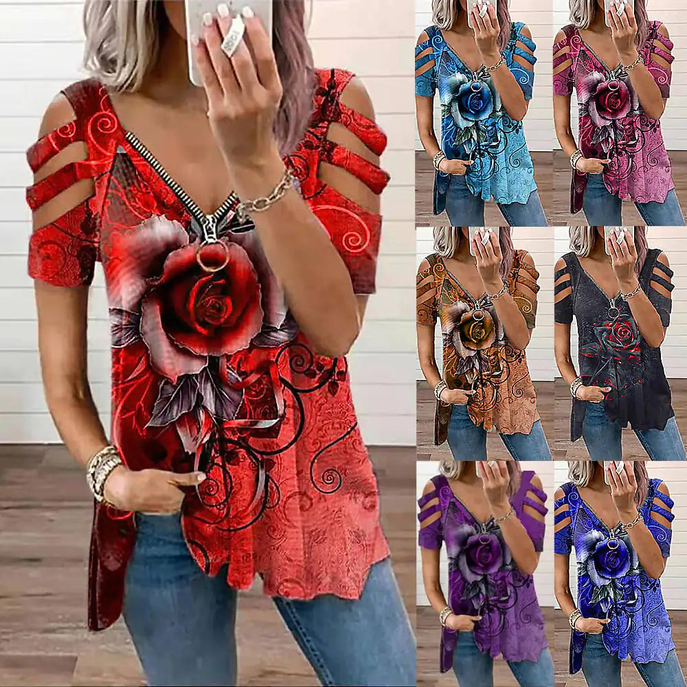 Women's Casual Loose V Neck Off Shoulder T-Shirt