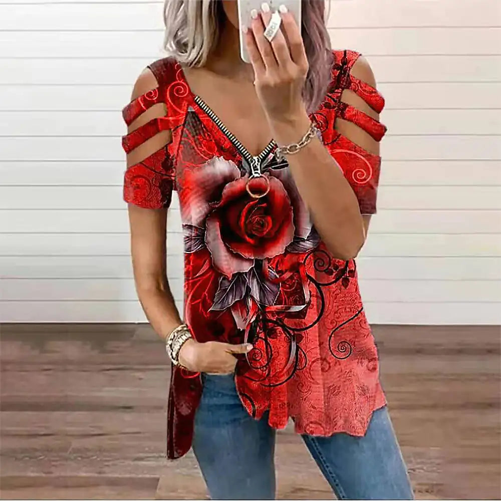 Women's Casual Loose V Neck Off Shoulder T-Shirt