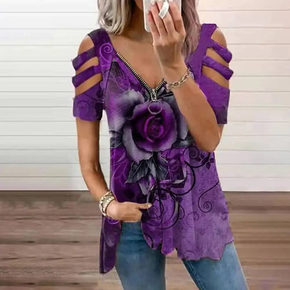 Women's Casual Loose V Neck Off Shoulder T-Shirt