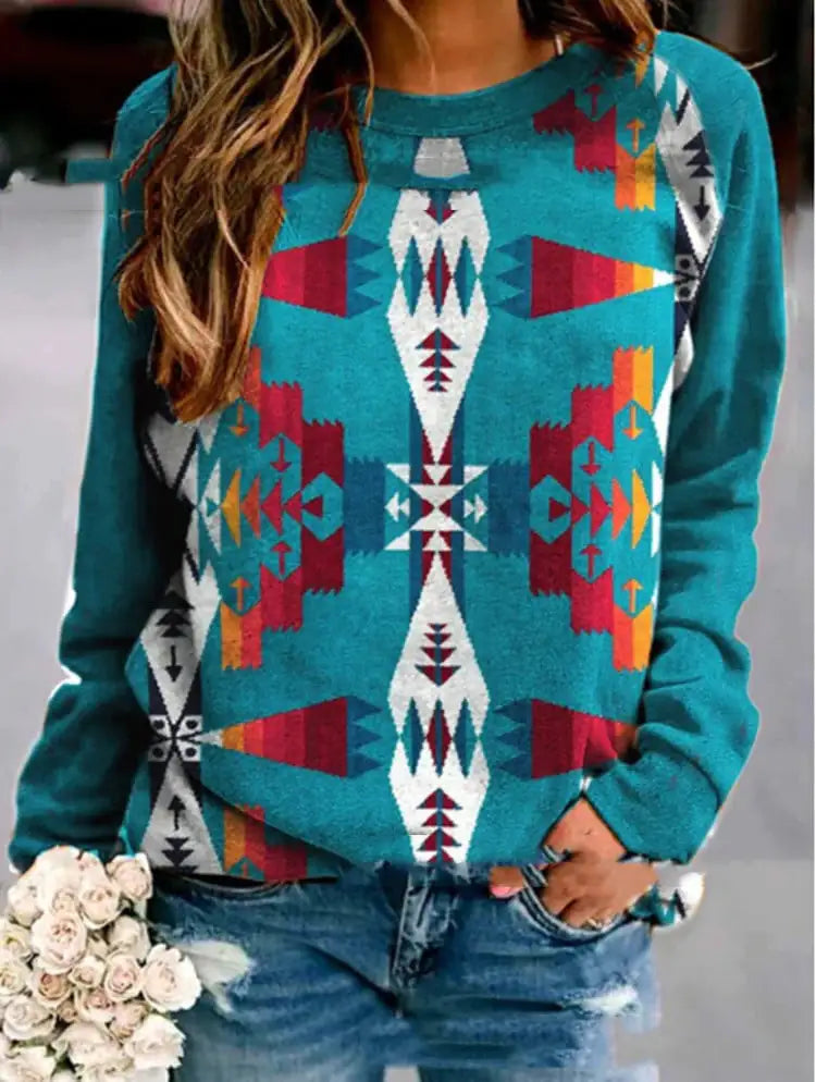 Women's Casual Round Neck Loose Print Long-sleeve T-shirt