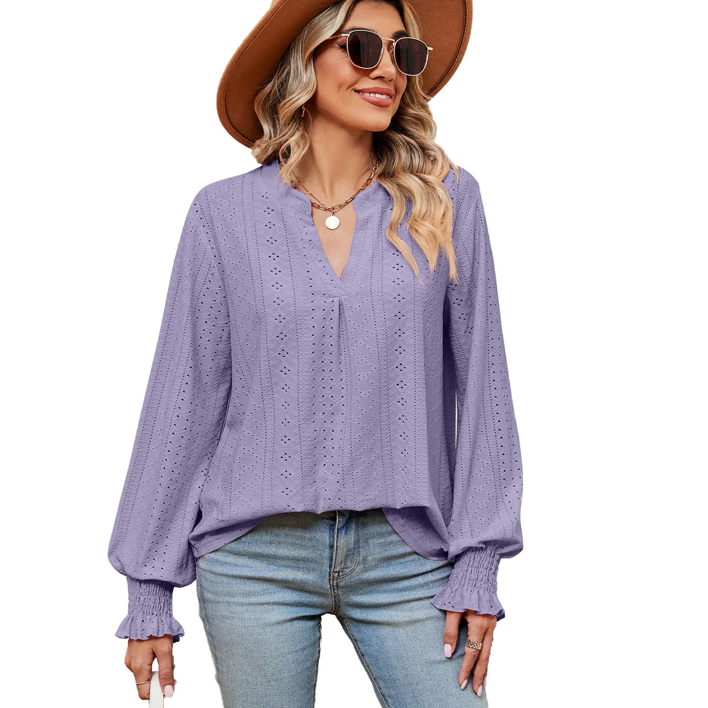 Women's Casual Loose V-Neck Long Sleeve T-Shirt